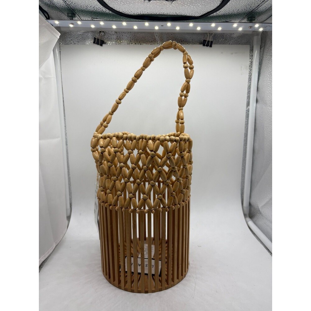 L*Space Casanova Handbag Natural Wood Beaded Vacation Bucket Bag 9" - Picture 3 of 13